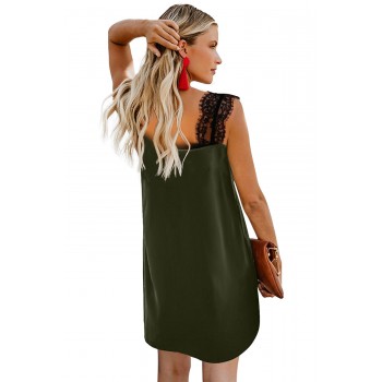 Green V Neck Lace Shoulder Sleeveless Mini Dress